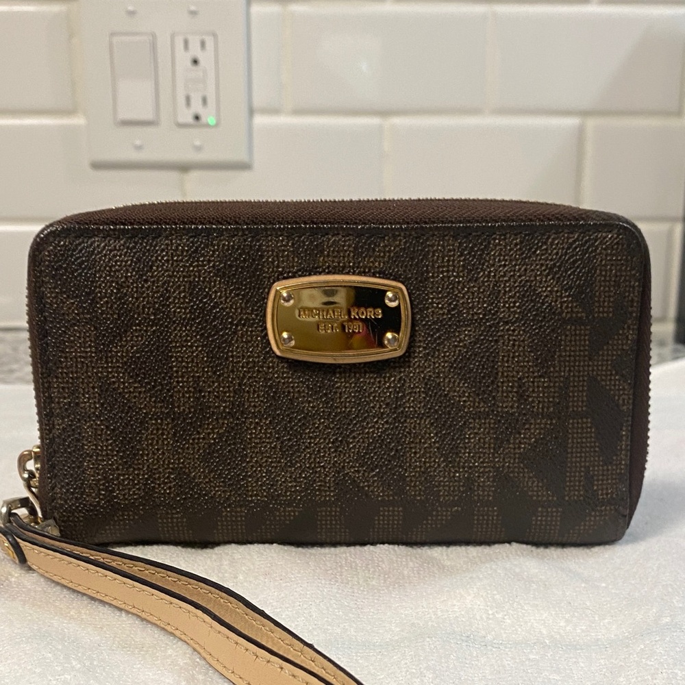 Michael Kors Dark Brown Wristlet with Gold Logo